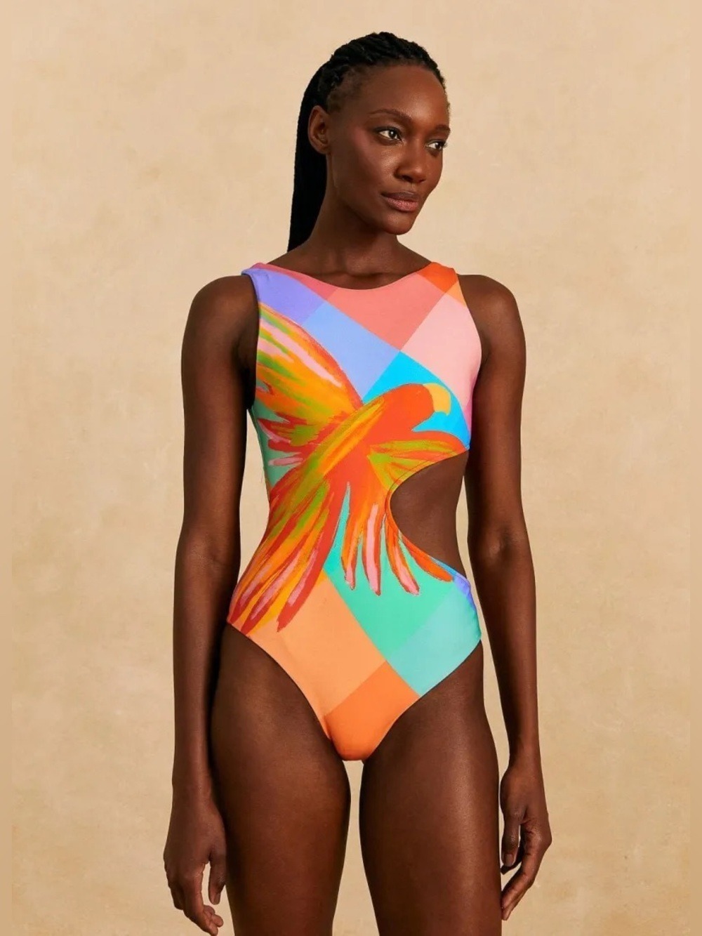 Farm Rio Blue Painted Birds Plaid One Piece Swimsuit